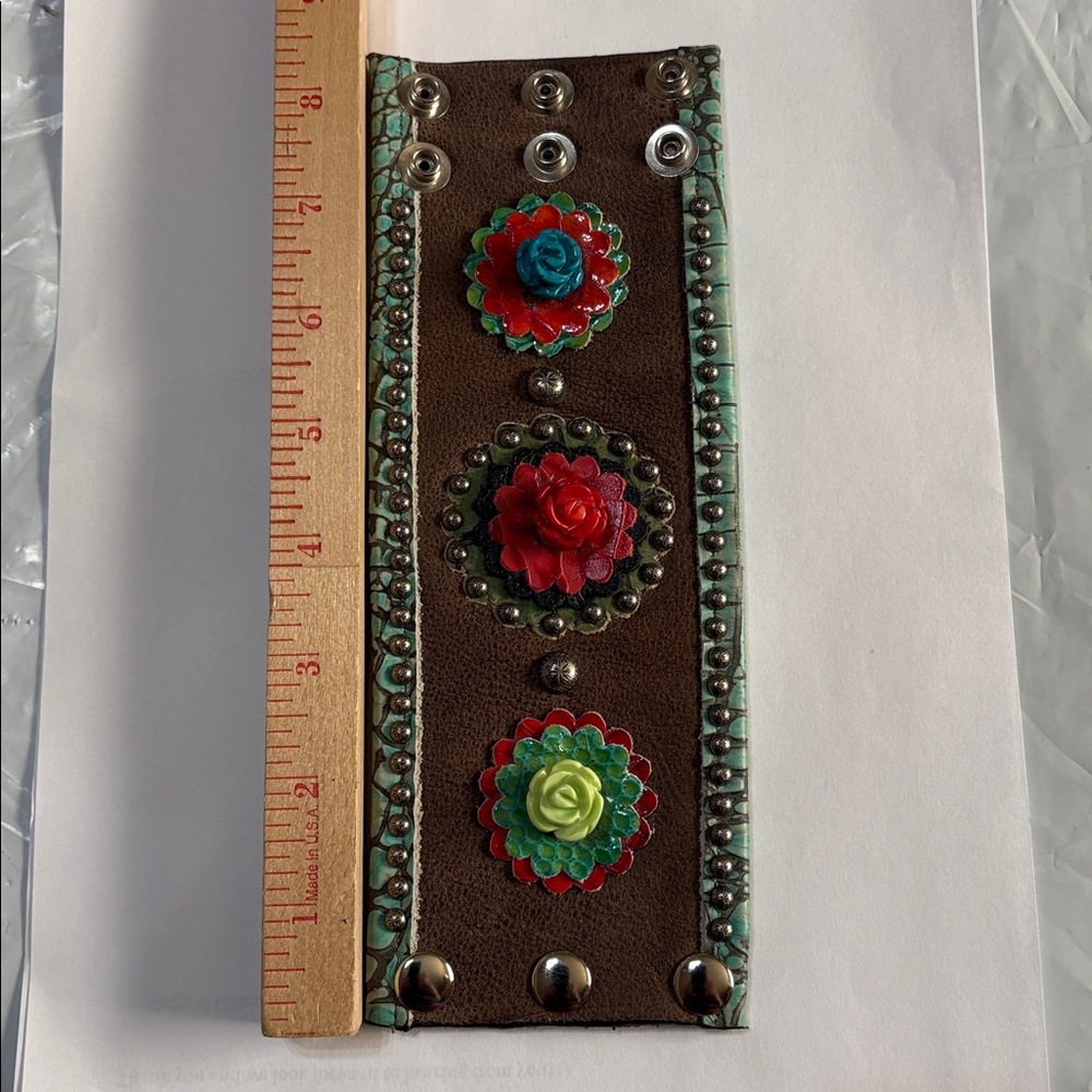 Double J Saddlery Brown Leather Cuff with Colorful Floral Accents